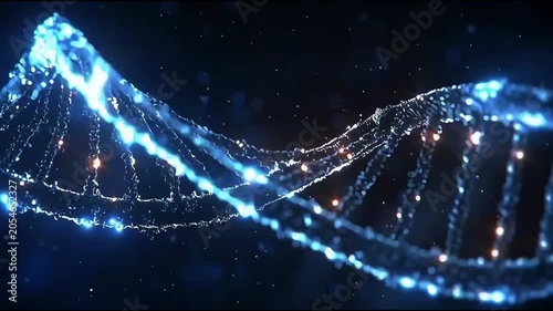 Abstract 3D rendering of a glowing blue DNA double helix structure with particles and light effects