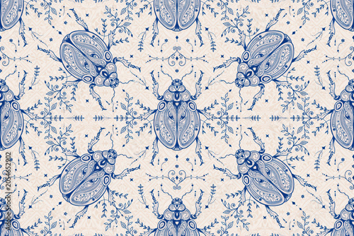 Intricate seamless pattern of stylized blue beetles surrounded by delicate floral vines and leaves on a light cream textured background