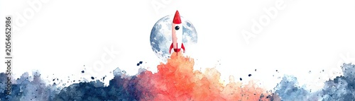 A watercolor illustration shows a red and white rocket launching with smoke clouds, set against a large full moon and a colorful sky.
