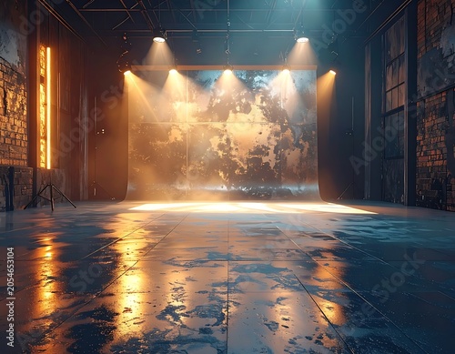A dimly lit industrial room with stage lights and fog