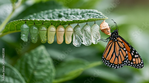 Detailed Butterfly Life Cycle Scene with Monarch and Chrysalises on Leaf