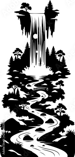 Black and white waterfall, forest landscape vector, scenic nature illustration, monochrome design element