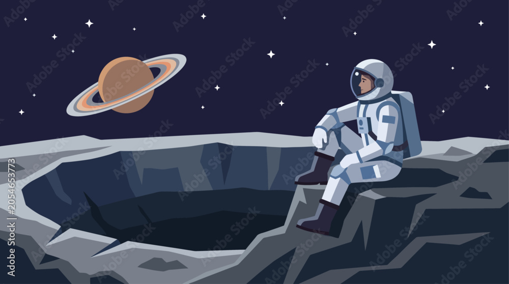 Naklejka premium Astronaut contemplating Saturn from a moon's surface, a flat design illustration