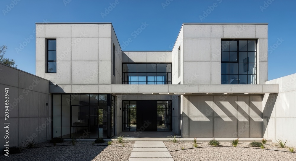 Fototapeta premium Modern minimalist concrete house with large windows and geometric shadows on a clear day