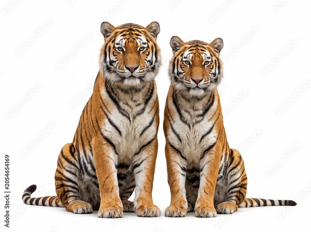 Obraz premium A pair of tigers is sitting next to each other, a symbol of species conservation and harmony in nature, a high-quality, clear, and detailed photo, with an isolated background.