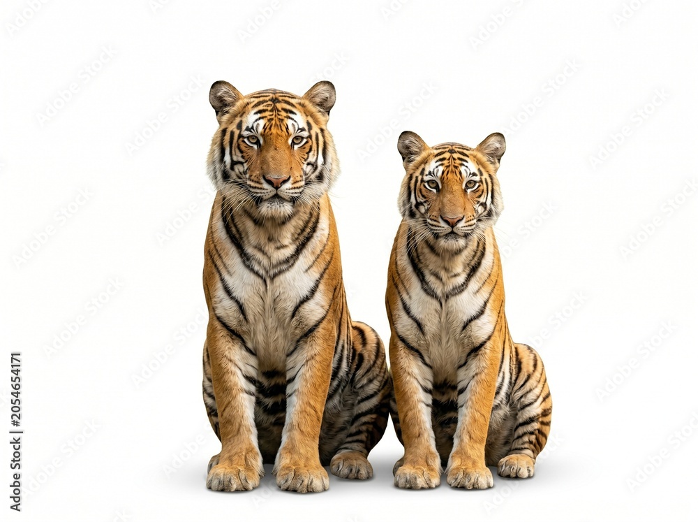 Obraz premium A pair of tigers is sitting next to each other, a symbol of species conservation and harmony in nature, a high-quality, clear, and detailed photo, with an isolated background.