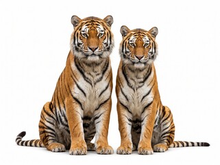 A pair of tigers is sitting next to each other, a symbol of species conservation and harmony in nature, a high-quality, clear, and detailed photo, with an isolated background.