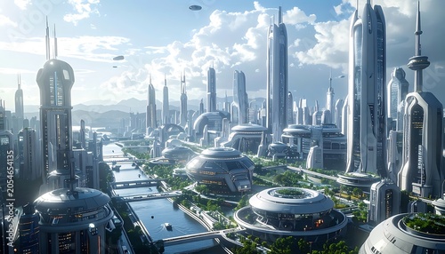 A futuristic cityscape with sleek skyscrapers and domed buildings