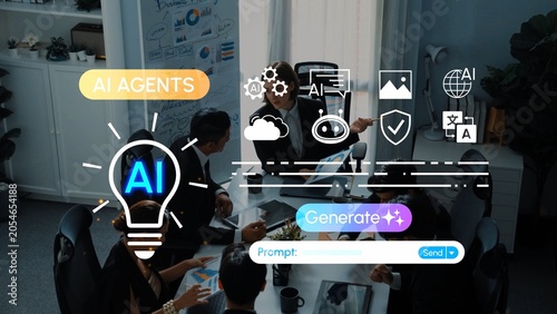 Fotografi A diverse group of professionals collaborates in an office setting, utilizing advanced technology tools and discussing innovative AI concepts to enhance business strategies
