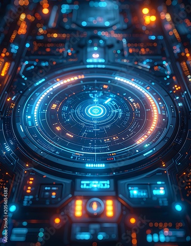 A futuristic control panel with neon lights and circular display