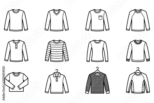 Fotografie Minimalist long sleeve shirt icons, set of 12 apparel line art illustrations, fl