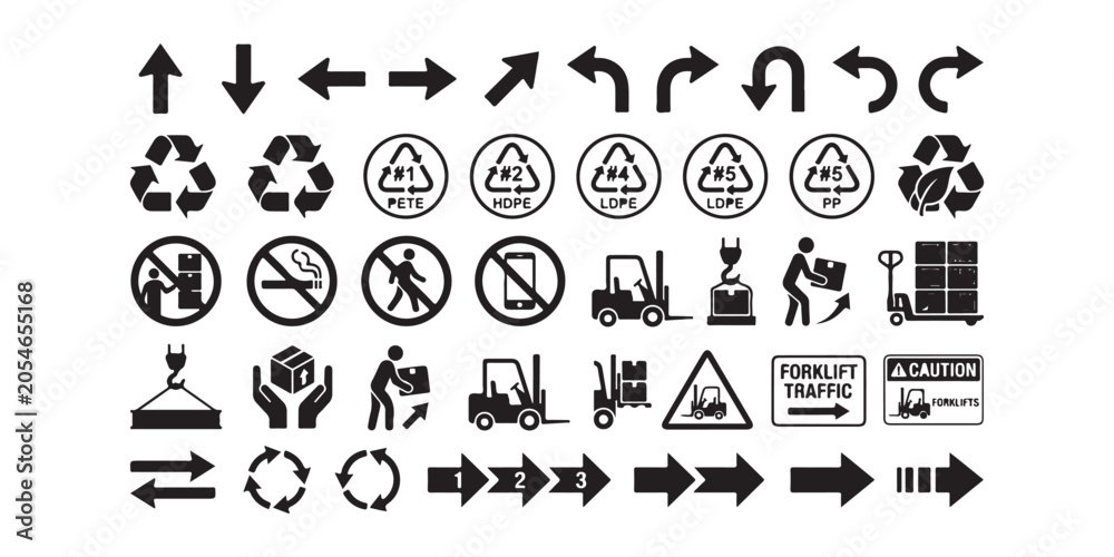 Fototapeta premium Collection of black and white industrial signs and arrows