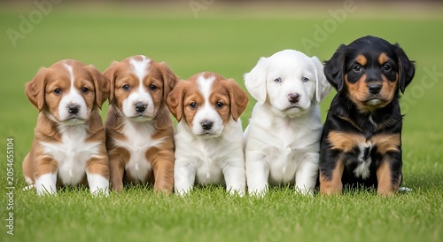 Five adorable mixed breed puppies sitting together on green grass in natural light