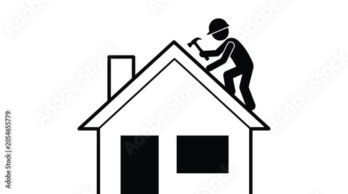 Stick figure worker wearing hard hat hammering on a house roof with a tool