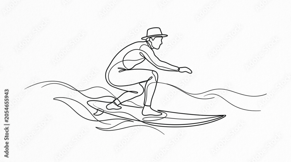Fototapeta premium Surfer riding ocean wave line art vector minimalist continuous line drawing sports graphic