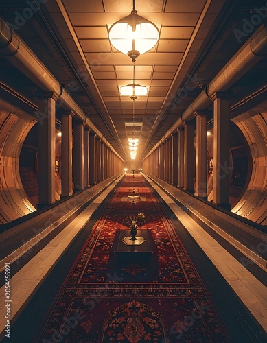 A long, dimly lit corridor with ornate red carpet and chandeliers