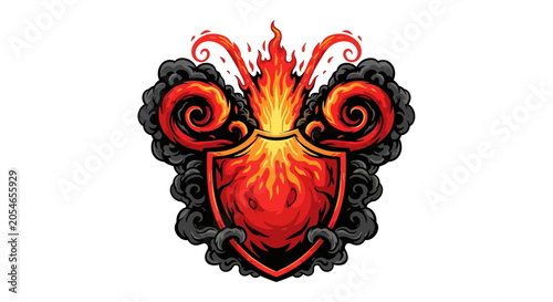Konstfotografi Fiery Shield Emblem Design With Smoke And Flames