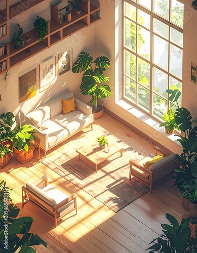 A serene indoor space with lush greenery and natural light