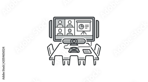 Video conference meeting with remote participants line art.