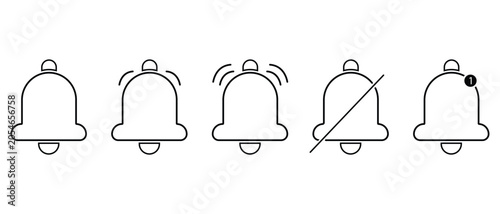 Set of minimalist line art notification bell icons showing different states like alert, ringing, silent, and new message.