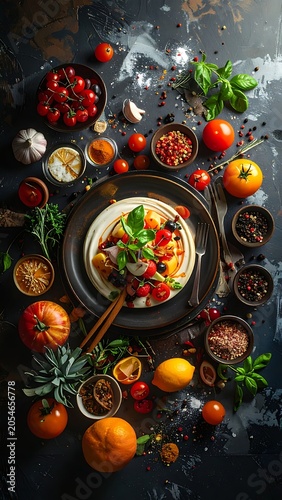 A vibrant arrangement of food and ingredients on a dark surface