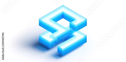 Blue 3d isometric geometric link symbol on white background