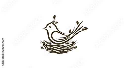 Foto Simple stylized drawing of a bird in a nest with branches and leaves