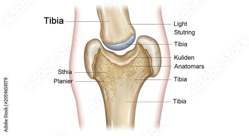 Detailed Cross‑Sectional Anterior View of Proximal Tibia and Knee Region Showing Tibial Plateau, Articular Cartilage, Cancellous Bone and Cortical Shaft for Study of Weight Bearing, Fracture Patterns 