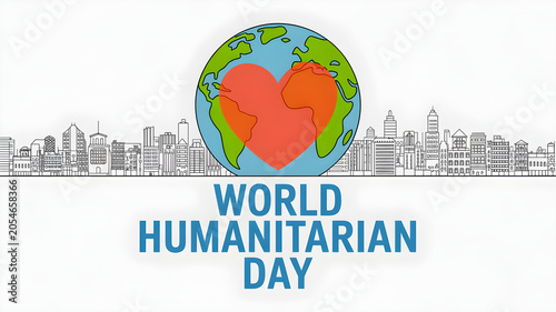 World humanitarian day illustration with a globe heart and city skyline