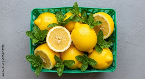 Fresh lemons and mint in a green basket on a grey background