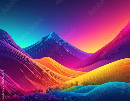 Vibrant multicolored mountain range landscape with rainbow hues