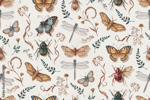 Seamless pattern featuring various insects, including butterflies, dragonflies, and beetles, mixed with dried wildflowers on a cream background