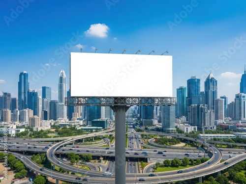 A large billboard stands tall amidst a bustling cityscape with modern skyscrapers.