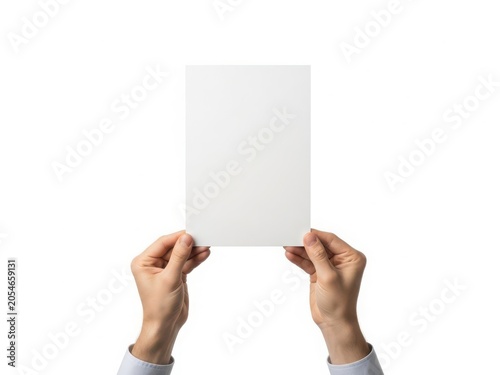 A person holding a blank white card or paper