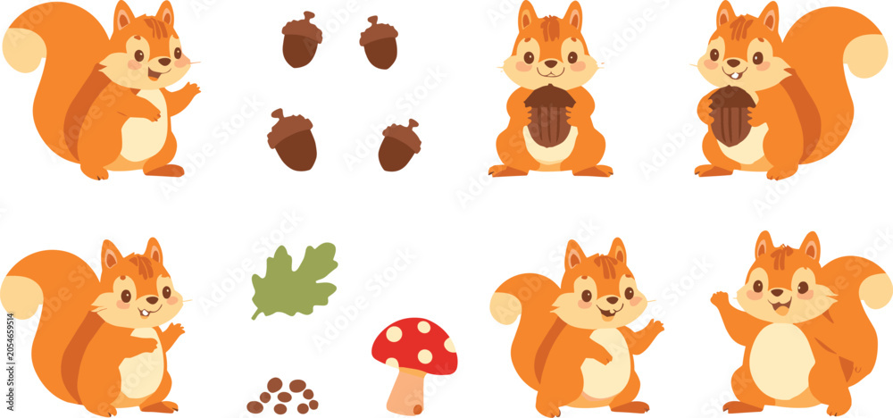 Fototapeta premium Cute Squirrel Cartoon Collection Featuring Happy Red Squirrels Holding Acorns with Forest Mushroom and Autumn Nature Elements Vector Illustration