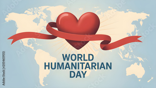 World humanitarian day concept with a red heart symbol and ribbon over a world map background