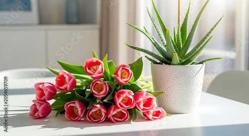 Fresh pink tulips bouquet arranged beside potted aloe vera plant on a clean white table