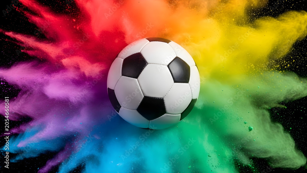 Naklejka premium Vibrant colored powder explodes around a soccer ball on a dark background