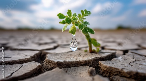Resilient Plant Overcoming Drought with a Water Droplet Clinging to a Leaf on Dry, Cracked Soil Under a Bright Blue Sky