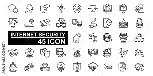 Schilderij op canvas Cyber Security Networking and Data Protection Icon Set Vector Illustration Edita