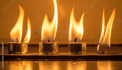 Four small candle flames dance brightly, casting warm glow against a muted background