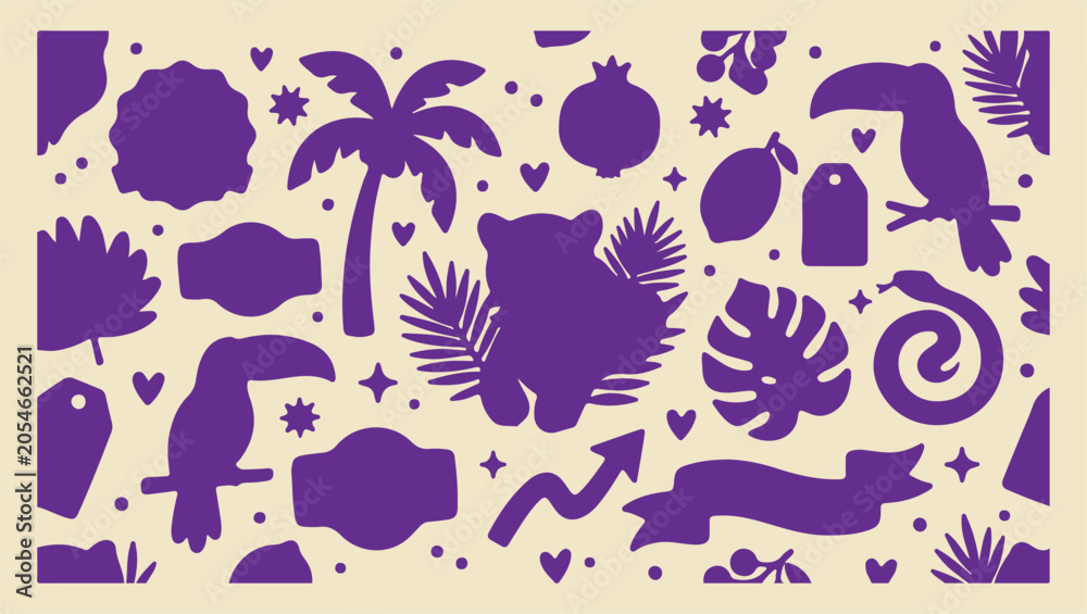 Obraz premium Tropical rainforest habitat, exotic animal silhouette, wild nature pattern, palm leaf elements, botanical jungle design, vibrant forest motifs, wildlife habitat art, dark purple texture jungle, tropic