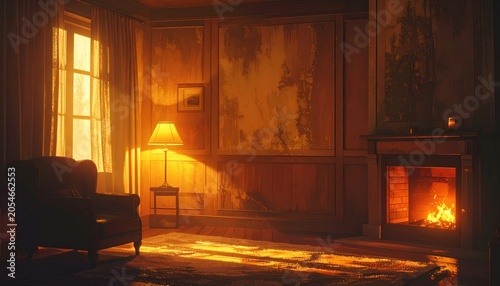 A warm, cozy interior, bathed in golden light from a window and fireplace