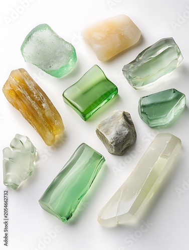 Collection of assorted translucent stones and crystals in green white and yellow shades on white