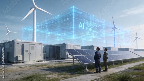 Smart Energy: Two engineers stand in a solar panel field near wind turbines, observing an AI interface projecting over the renewable energy infrastructure.