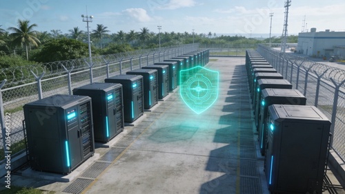 Data Security Servers: Rows of sleek, modern servers stand guard under a clear sky, a glowing shield emblem signifying robust data protection in this high-tech facility.