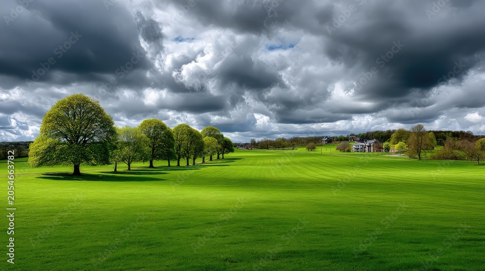 Fototapeta premium Lush Green Landscape Under Dramatic Cloudy Sky with Vibrant Trees and Tranquil Horizon in a Natural Setting