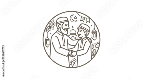 Islamic father and son with mosque and crescent moon.