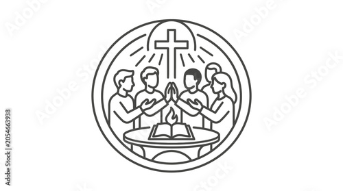 Christian community praying together around a table icon.