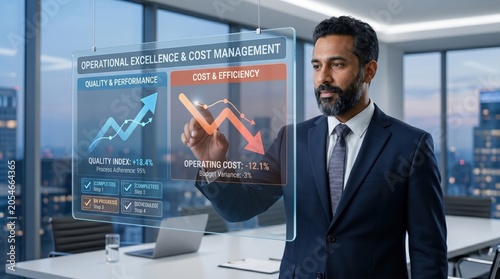 Business executive analyzing operational excellence dashboard with holographic interface, cost management strategy, corporate finance analytics